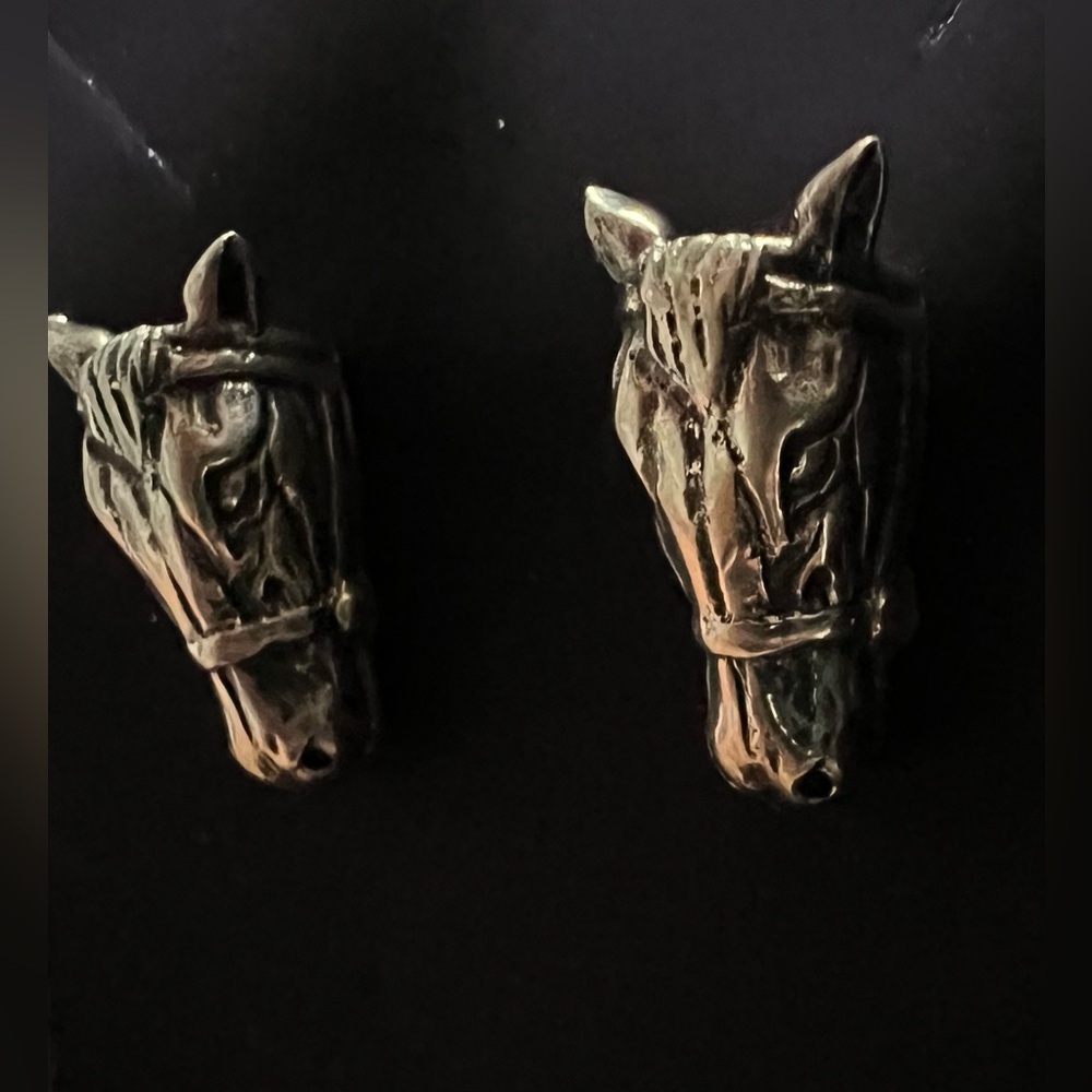 925 Silver Horse Head Earrings, Pierced - Picture 2 of 5